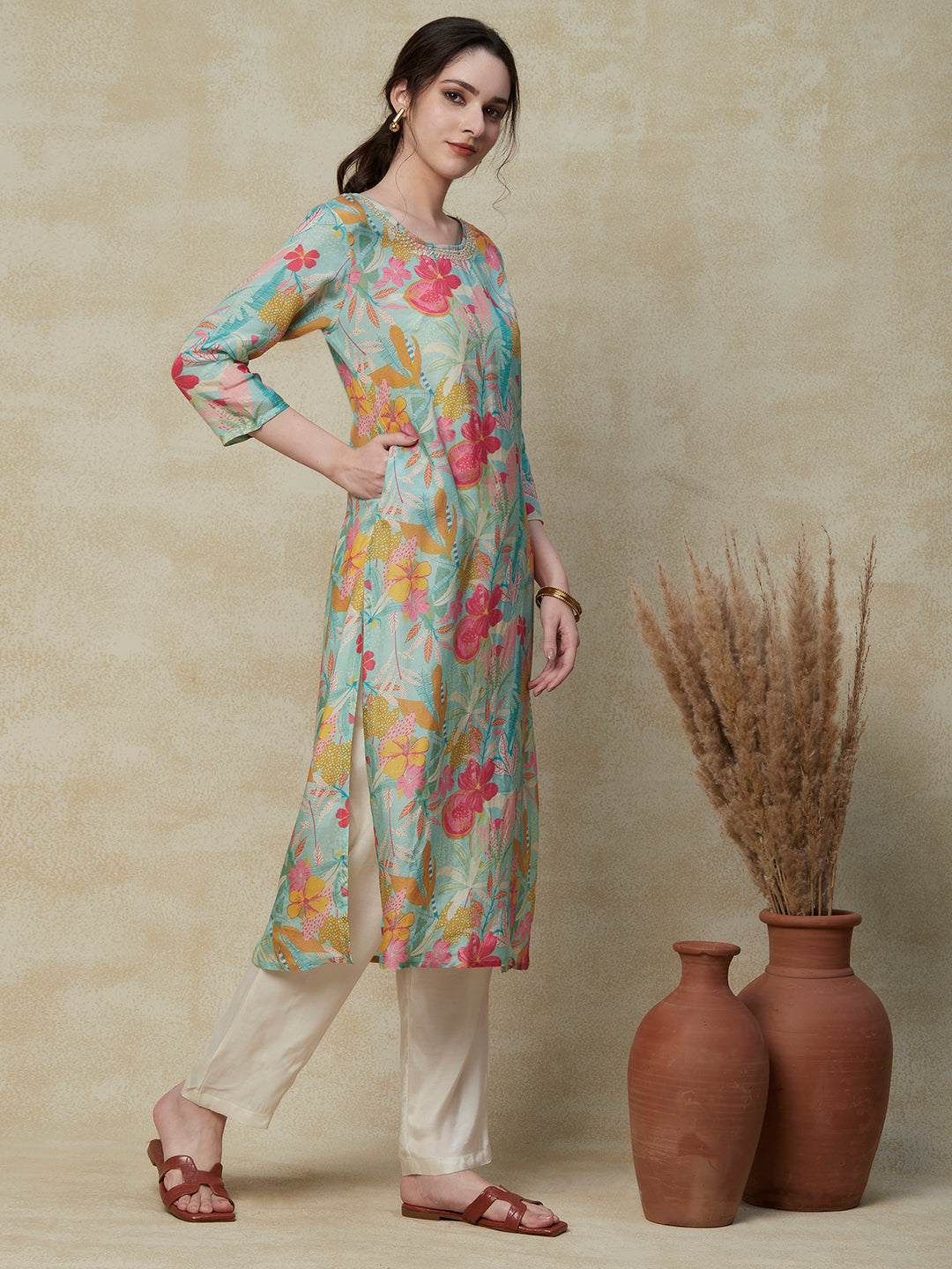 Floral Printed Sequins & Beads Embroidered Kurta with Pants - Multi