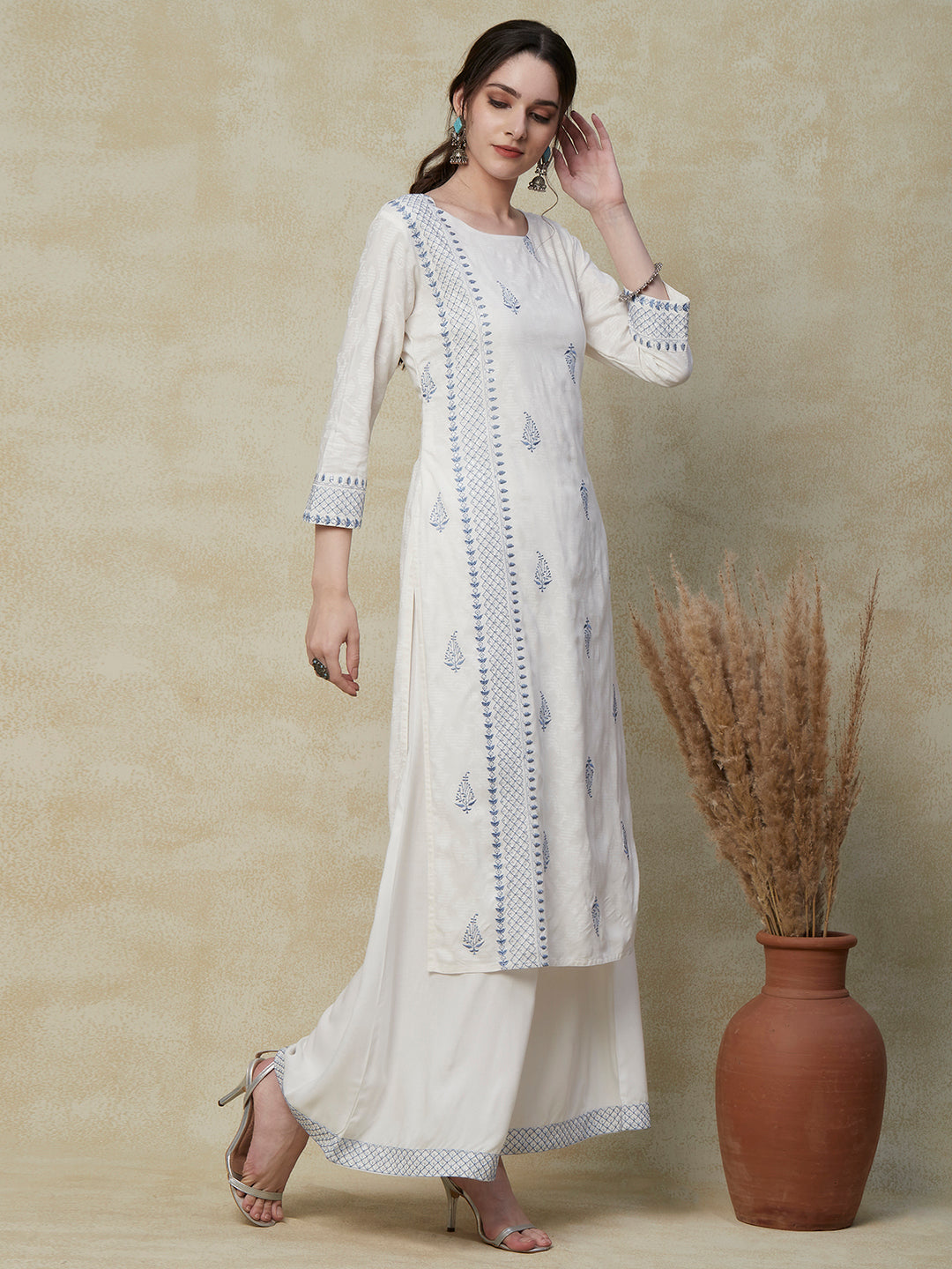 White Aari Embroidered Cotton Palazzo