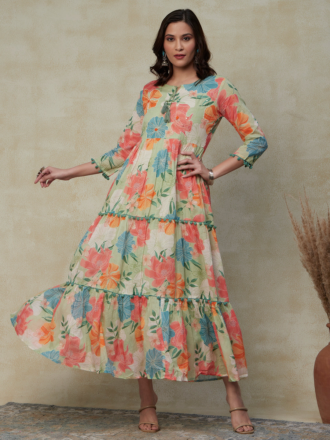 Floral Printed Beads, Sequins & Zari Embroidered Tiered Mul-Cotton Maxi Dress - Multi