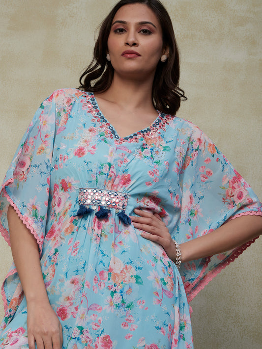 Floral Printed & Mirror Embroidered Kaftan Kurta with Solid Pant - Light Blue