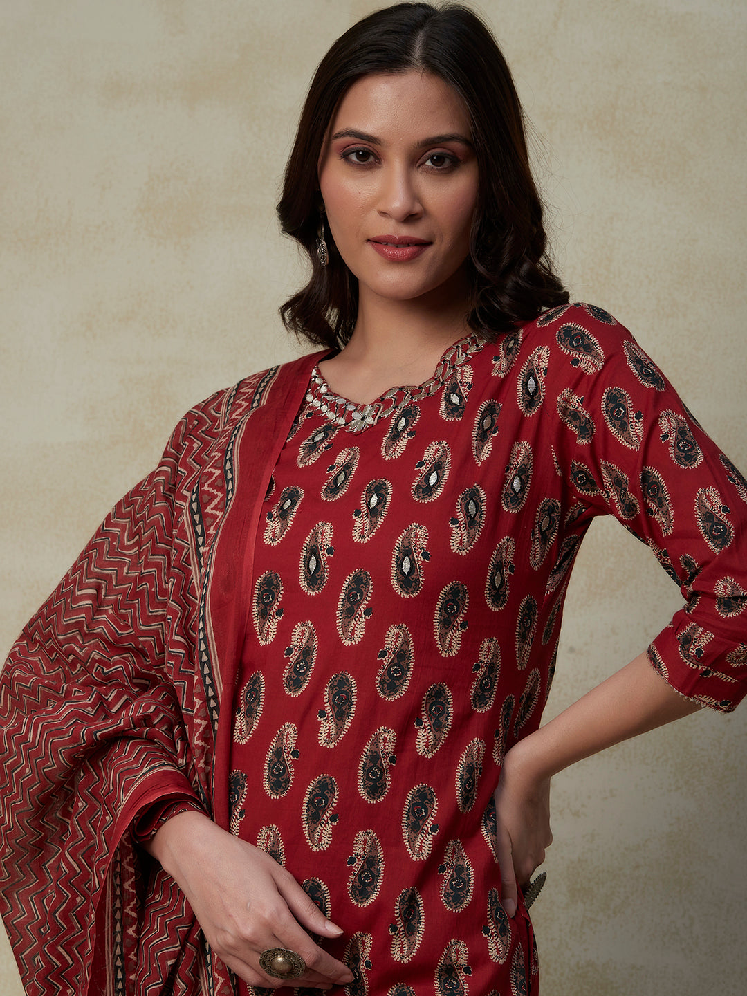 Paisley Block Printed Gotapatti & Resham Embroidered Kurta with Salwar Pants & Chevron Dupatta - Maroon