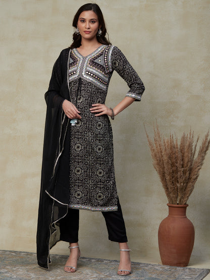 Ethnic Printed & Embroidered Straight Kurta with Pant & Dupatta - Black