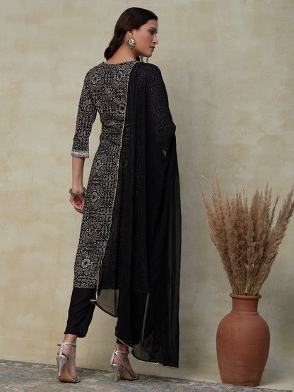 Ethnic Printed & Embroidered Straight Kurta with Pant & Dupatta - Black