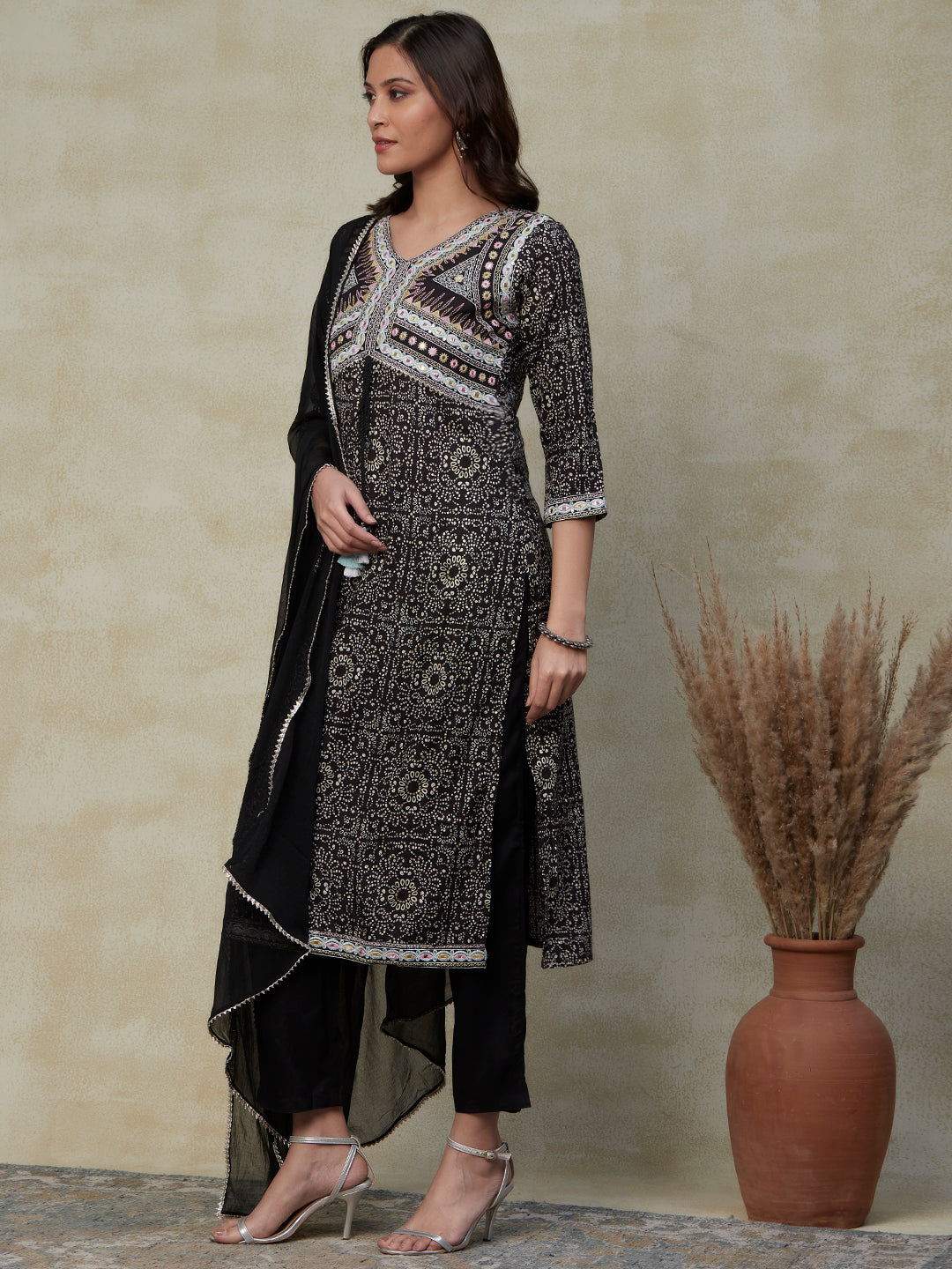 Ethnic Printed & Embroidered Straight Kurta with Pant & Dupatta - Black