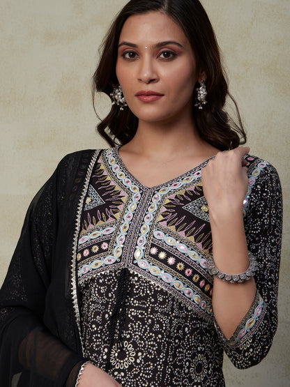 Ethnic Printed & Embroidered Straight Kurta with Pant & Dupatta - Black