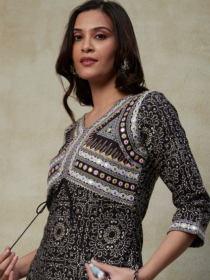 Ethnic Printed & Embroidered Straight Kurta with Pant & Dupatta - Black