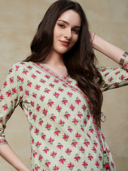 Floral Block Printed Mirror & Zari Embroidered Kurta with Floral Pants - Green