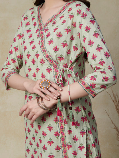 Floral Block Printed Mirror & Zari Embroidered Kurta with Floral Pants - Green