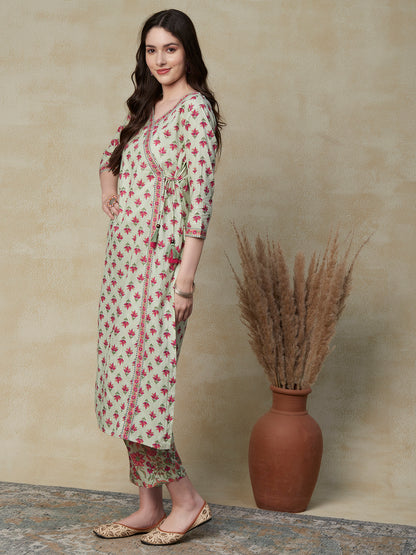 Floral Block Printed Mirror & Zari Embroidered Kurta with Floral Pants - Green
