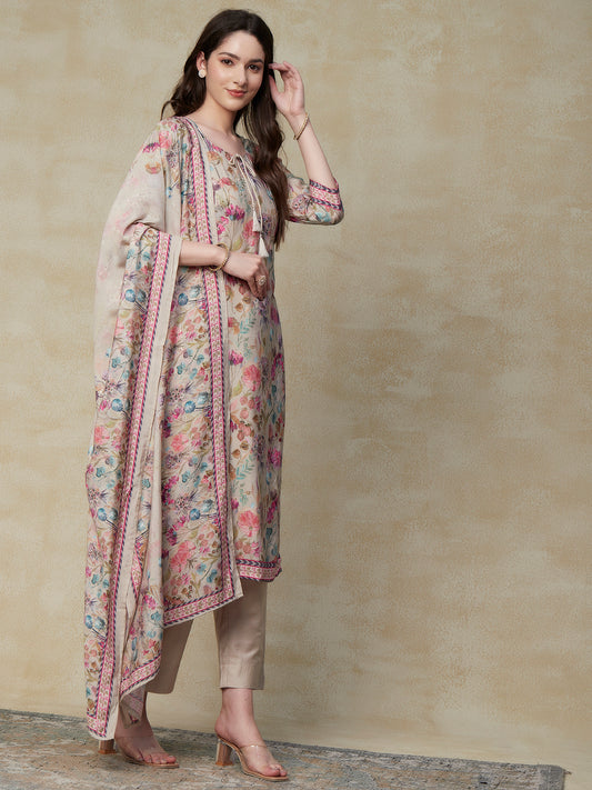 Floral Printed Mirror, Sequin & Cutdana Embroidered Kurta with Pants & Woven Sequined Dupatta - Taupe