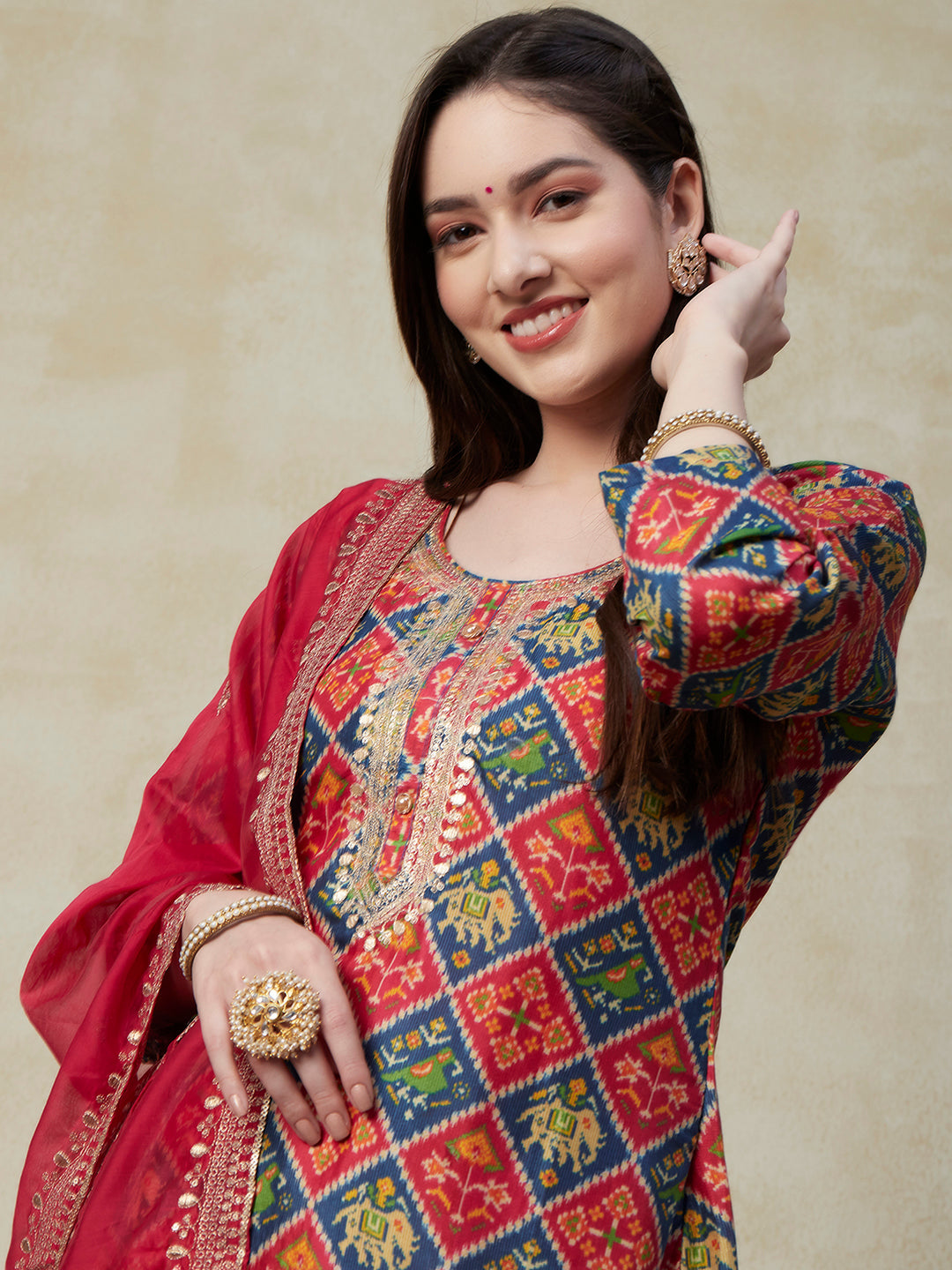 Ethnic Ikat Printed Zari & Sequins Embroidered Kurta with Pants & Embroidered Dupatta - Multi