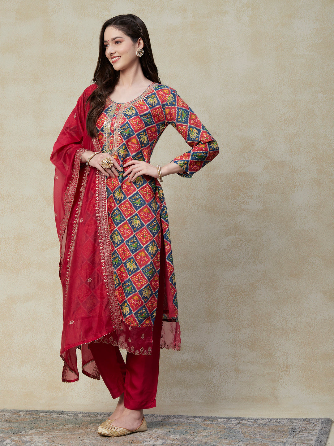 Ethnic Ikat Printed Zari & Sequins Embroidered Kurta with Pants & Embroidered Dupatta - Multi