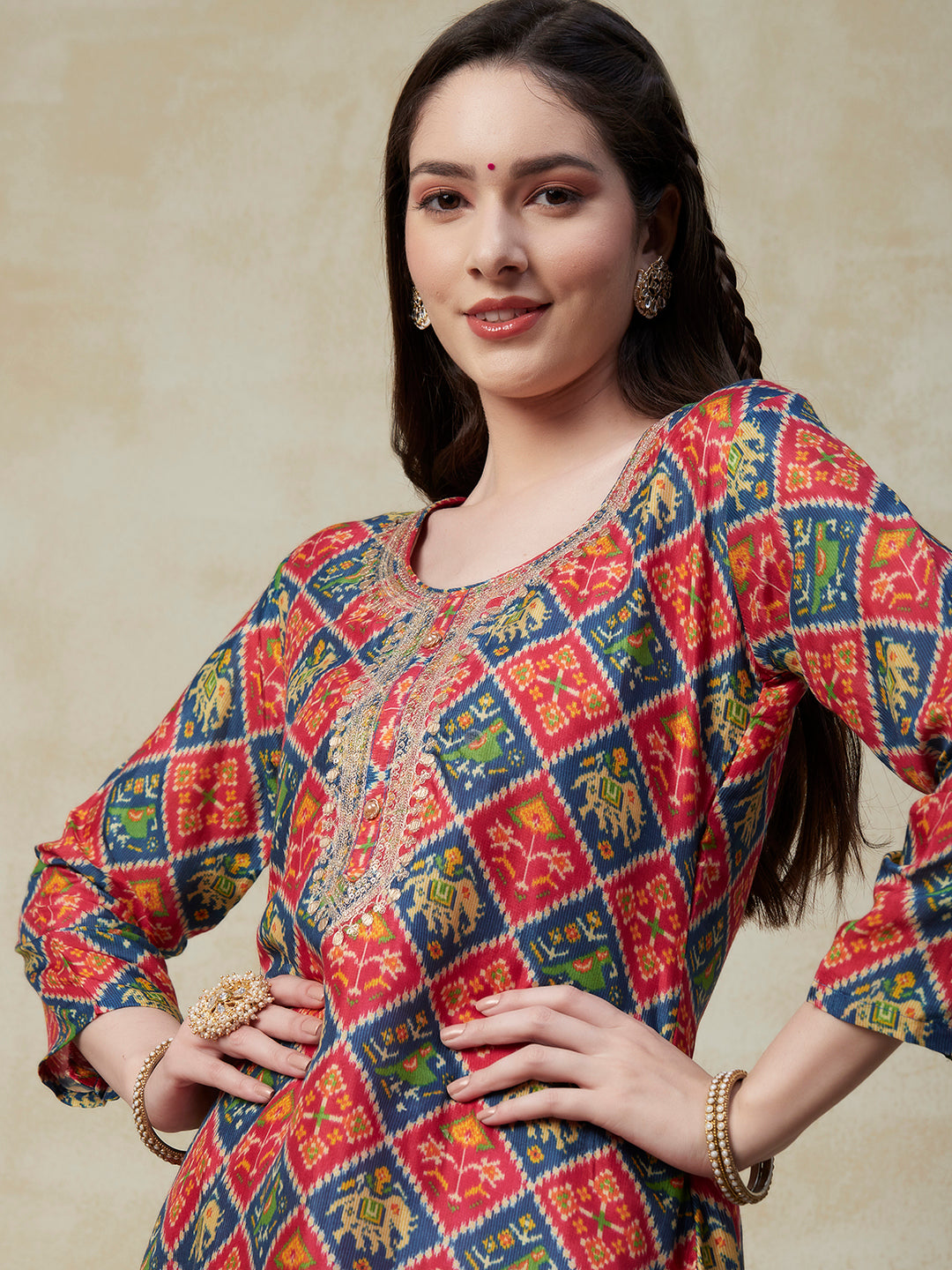 Ethnic Ikat Printed Zari & Sequins Embroidered Kurta with Pants & Embroidered Dupatta - Multi