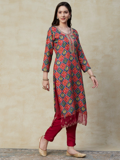 Ethnic Ikat Printed Zari & Sequins Embroidered Kurta with Pants & Embroidered Dupatta - Multi