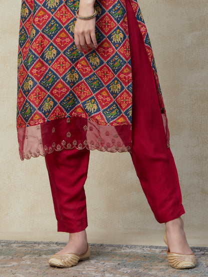 Ethnic Ikat Printed Zari & Sequins Embroidered Kurta with Pants & Embroidered Dupatta - Multi