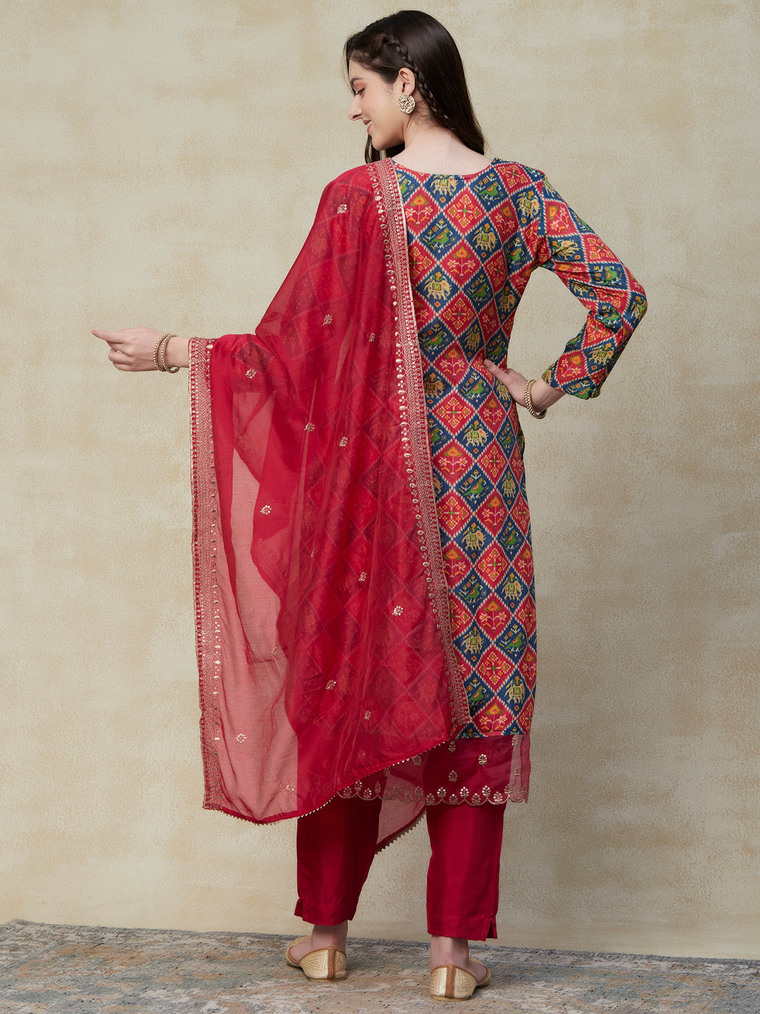 Ethnic Ikat Printed Zari & Sequins Embroidered Kurta with Pants & Embroidered Dupatta - Multi