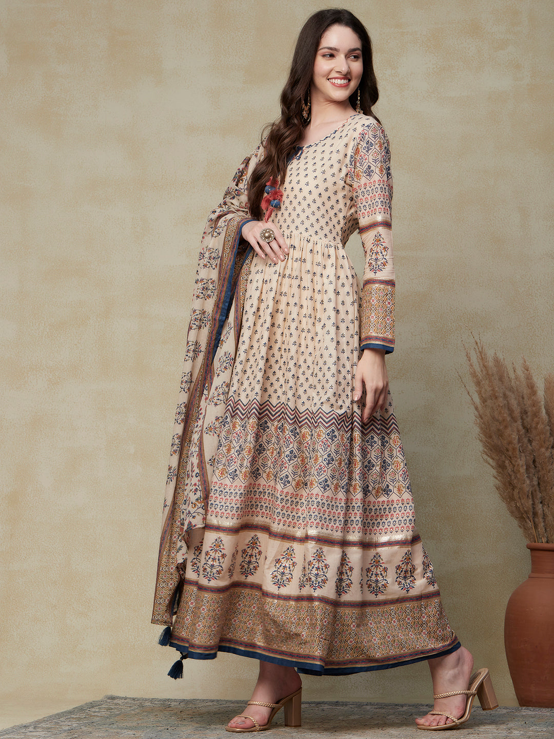 Ethnic Foil Printed Pompom Latkans Embellished Gathered Maxi Dress with Floral Printed Dupatta - Cream