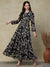 Abstract Printed Cutdana Embrodiered Tiered Mul-Cotton Maxi Dress With Buckled Waist Belt - Black