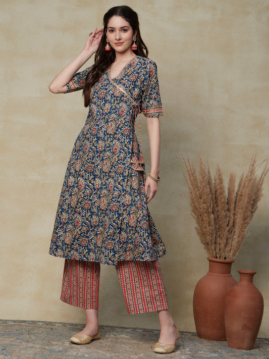 Ethnic Floral Printed A-Line Flared Kurta with Palazzo - Blue