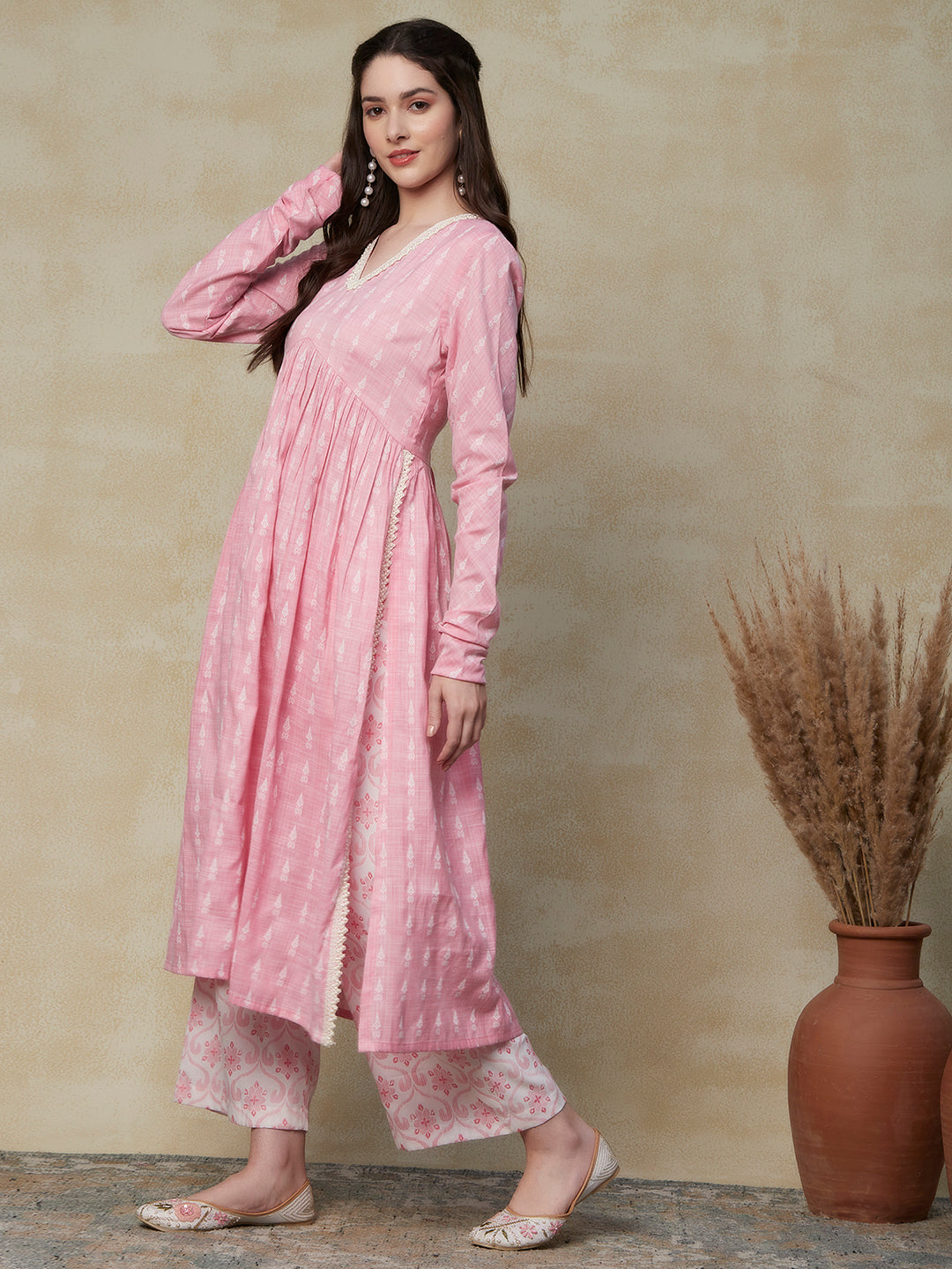 Ethnic Woven & Pearl Lace Embroidered A-Line Pleated Kurta with Pant - Pink