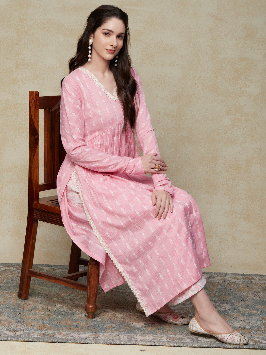 Ethnic Woven & Pearl Lace Embroidered A-Line Pleated Kurta with Pant - Pink