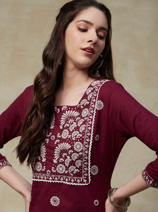 Solid Mirror & Resham Embroidered Kurta with Embroidered Pants - Maroon