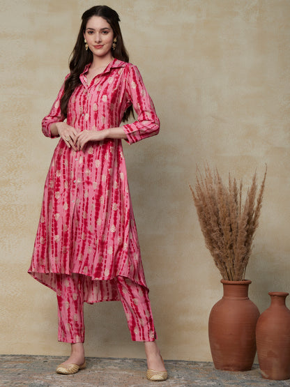 Abstract Printed & Ethnic Foil Printed Asymmetric Hem Paneled Kurta & Pants - Pink