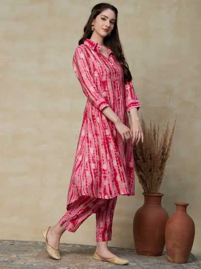 Abstract Printed & Ethnic Foil Printed Asymmetric Hem Paneled Kurta & Pants - Pink