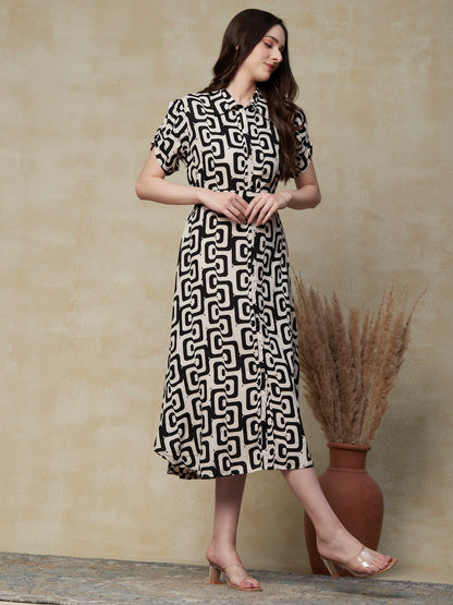 Abstract Geometric Printed A-Line Flared Midi Dress with Belt - Black & Off White