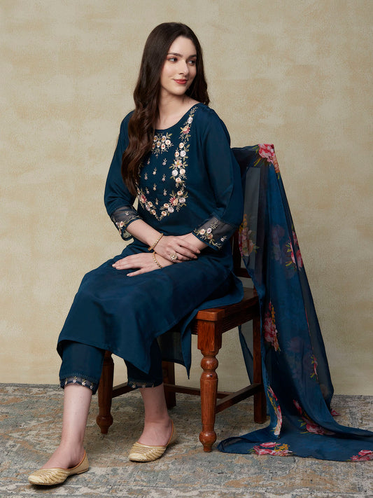 Floral Embroidered Straight Fit Kurta with Pant & Printed Dupatta - Teal Blue