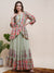 Solid Woven Design Sea Shell & Coin Tikki Embellished Tiered Maxi Dress With Abstract Printed Schiffili Jacket - Pastel Green
