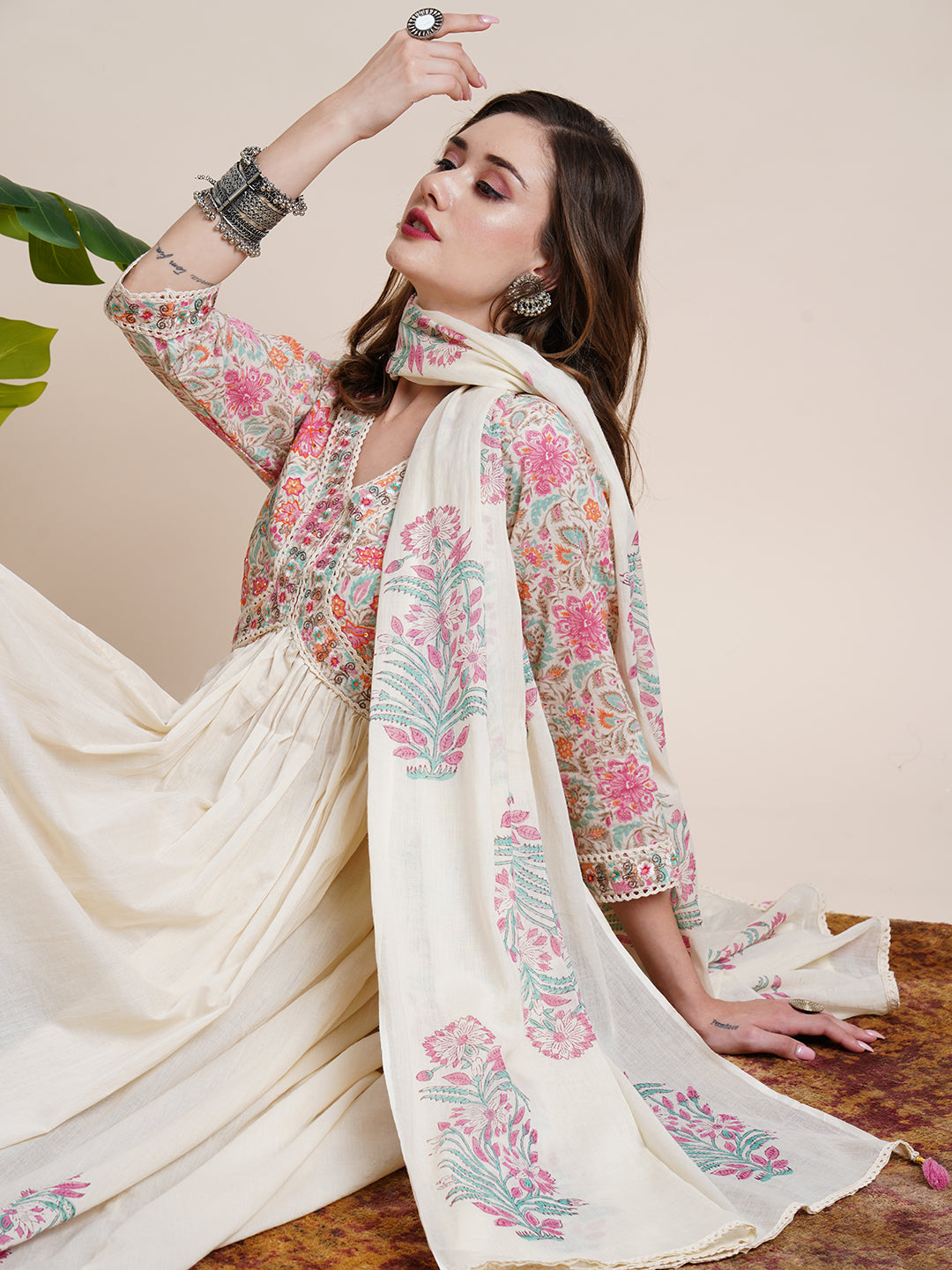 Floral Printed Resham & Beads Embroidered Flared Mul-Cotton Kurta with Pants & Dupatta - Cream