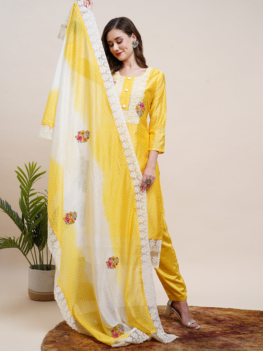 Ethnic Printed Resham & Zari Embroidered Kurta with Pants & Dupatta - Yellow