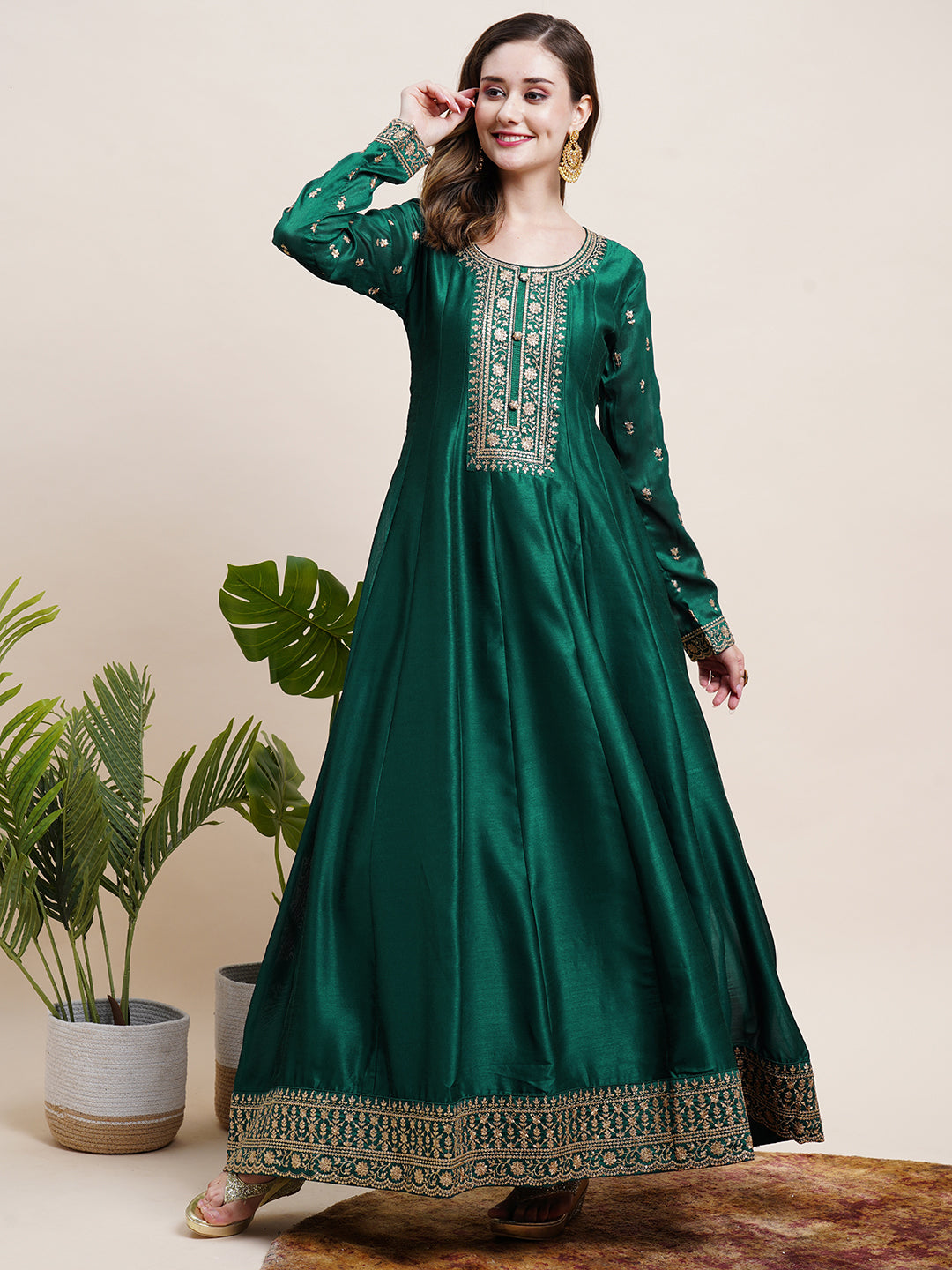 Indian Clothing - Mint Green Floral Embroidered Designer Anarkali Suit
