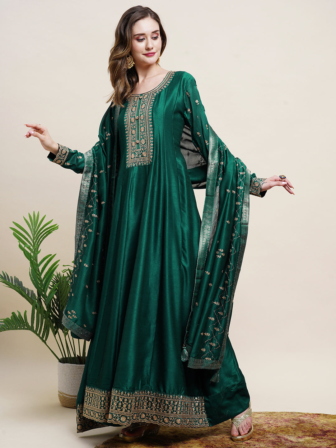 Solid Zari & Sequins Embroidered Anarkali Gown With Embroidered Dupatta - Green