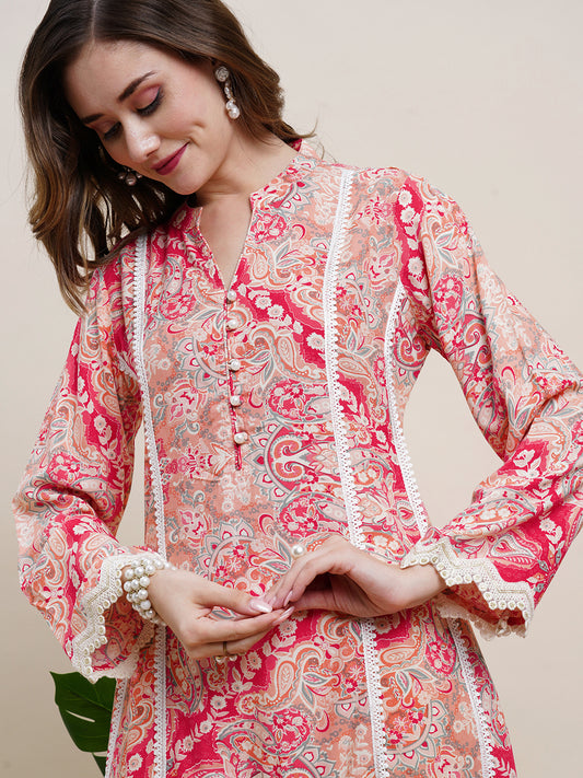 Peach Floral Printed Crepe Straight Kurta Set PKSET1036 – Ahika