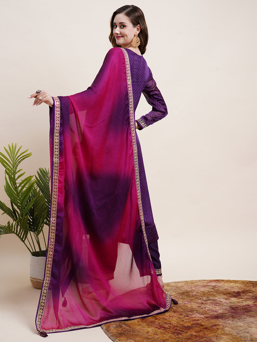 Ethnic Bandhani Printed Zari Dori & Sequins Embroidered Kurta with Pants & Shaded Embroidered Dupatta - Purple