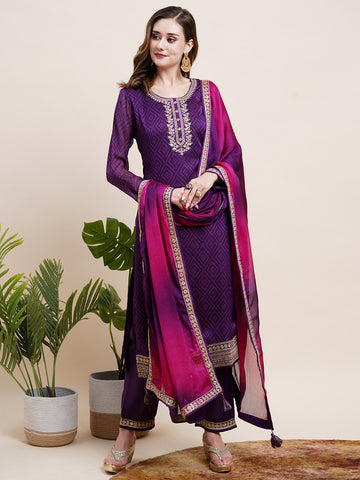 Ethnic Bandhani Printed Zari Dori & Sequins Embroidered Kurta with Pants &  Shaded Embroidered Dupatta - Purple