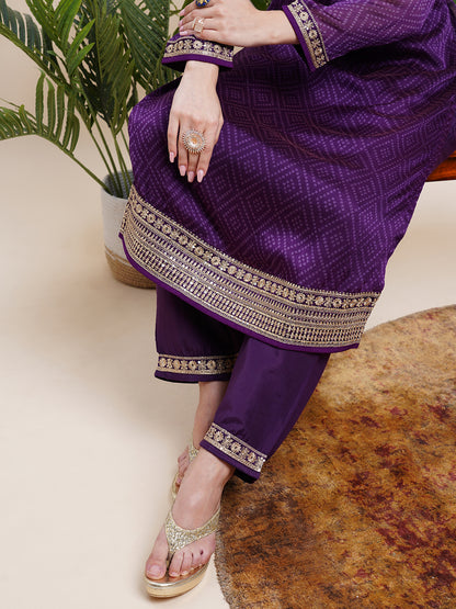 Ethnic Bandhani Printed Zari Dori & Sequins Embroidered Kurta with Pants & Shaded Embroidered Dupatta - Purple