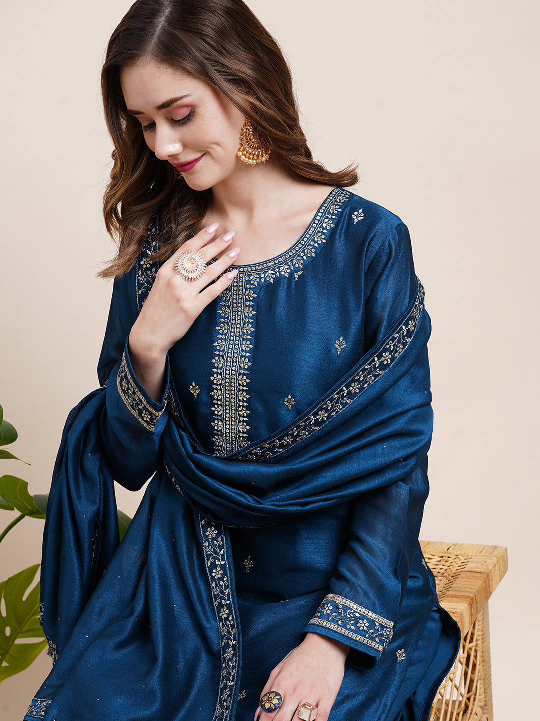 Solid Zari & Sequins Embroidered Kurta with Embroidered Palazzo & Dupatta - Blue