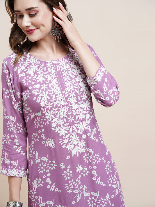 Floral Printed Resham & sequins Embroidered Kurta - Purple