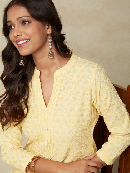 Solid Resham & Sequins Embroidered Jaal Kurta - Yellow