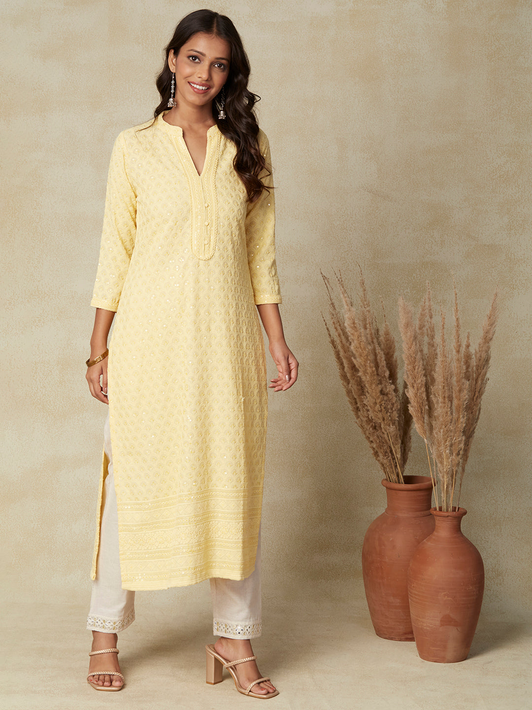 Solid Resham & Sequins Embroidered Jaal Kurta - Yellow
