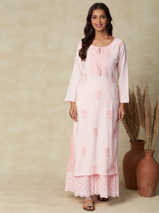 Solid Resham & Sequins Embroidered Kurta - Pink