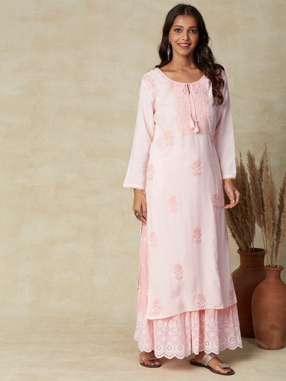 Solid Resham & Sequins Embroidered Kurta - Pink