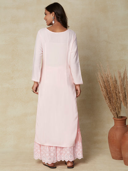 Solid Resham & Sequins Embroidered Kurta - Pink