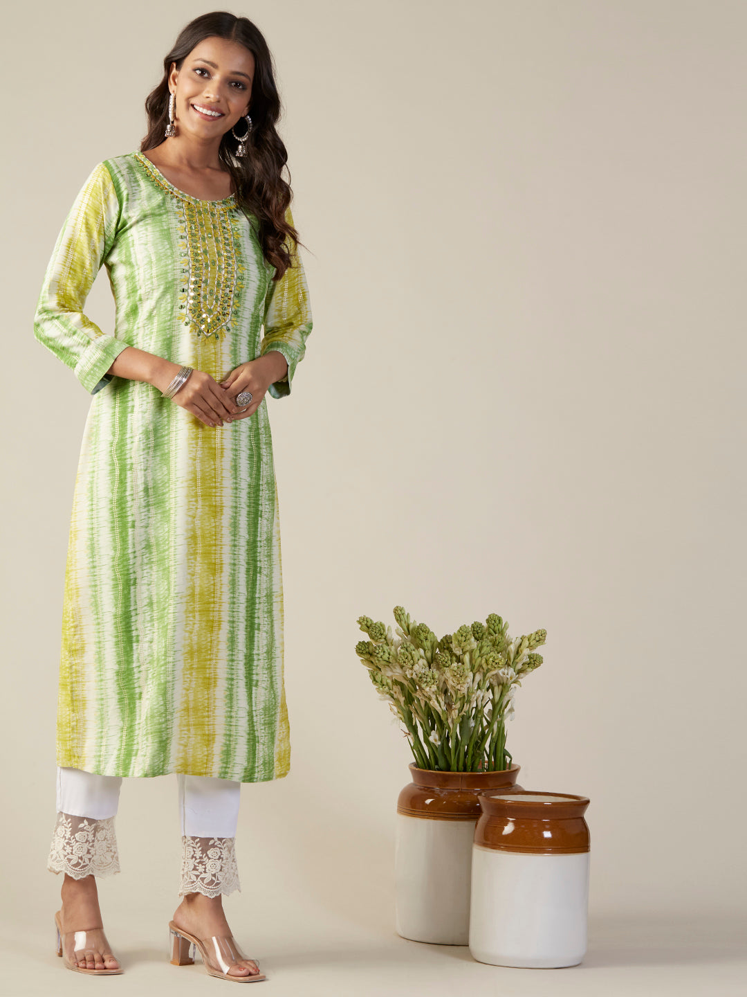 Abstract Foil Printed Mirror & Resham Embroidered Kurta - Green