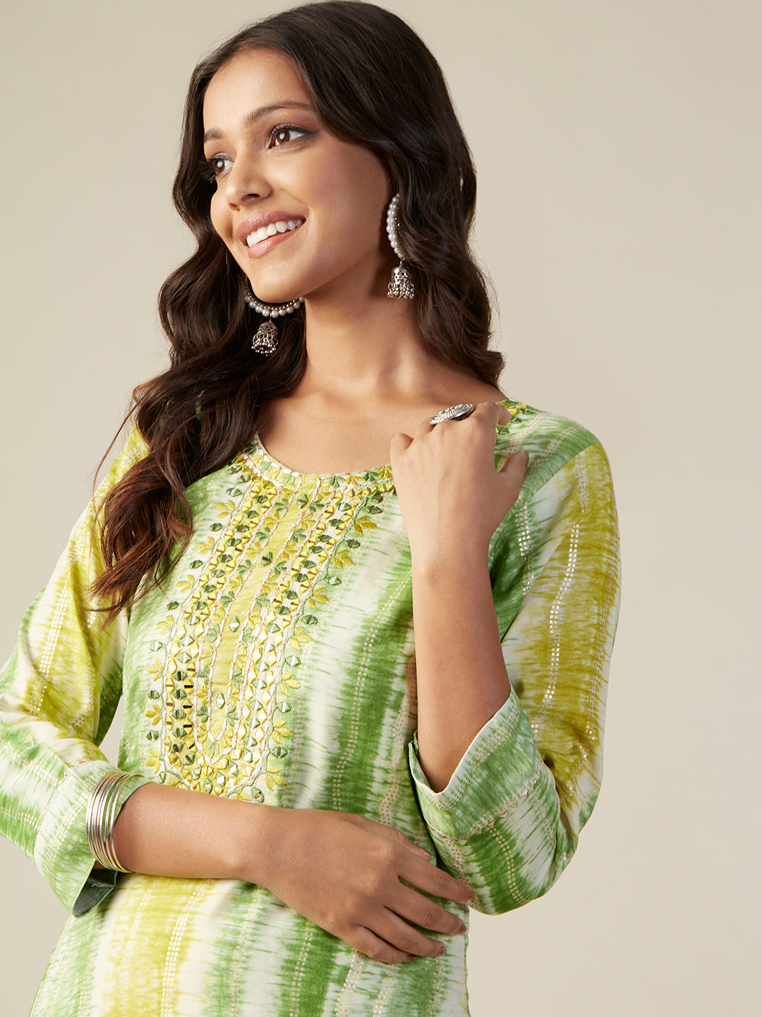 Abstract Foil Printed Mirror & Resham Embroidered Kurta - Green