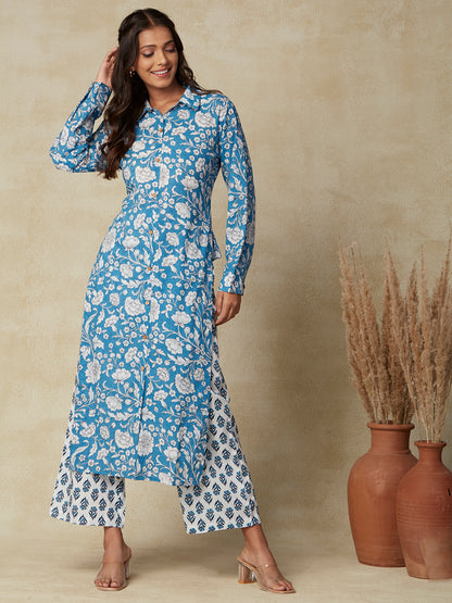 Ethnic Printed Straight Cut Kurta with Pant - Blue