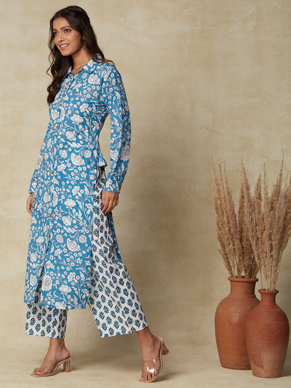 Ethnic Printed Straight Cut Kurta with Pant - Blue